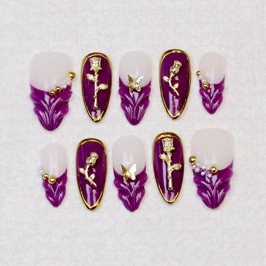 10Pcs Retro style 3D Custom Handmad Almond Manicure for Birthday Event Party Holiday Press On Nail Design with Adhesive File Set