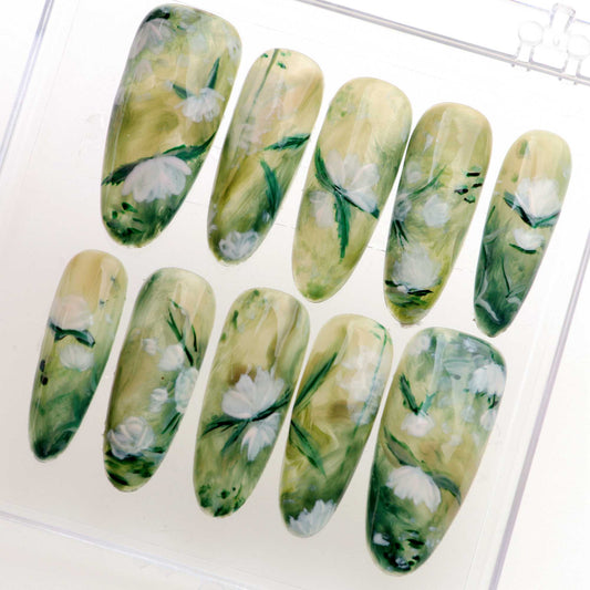 10Pcs 3D Pretty Almond handmade press on Nails Handpainted Wearing Acrylic Fake Manicure y2k Design with Adhesive Nail File Set