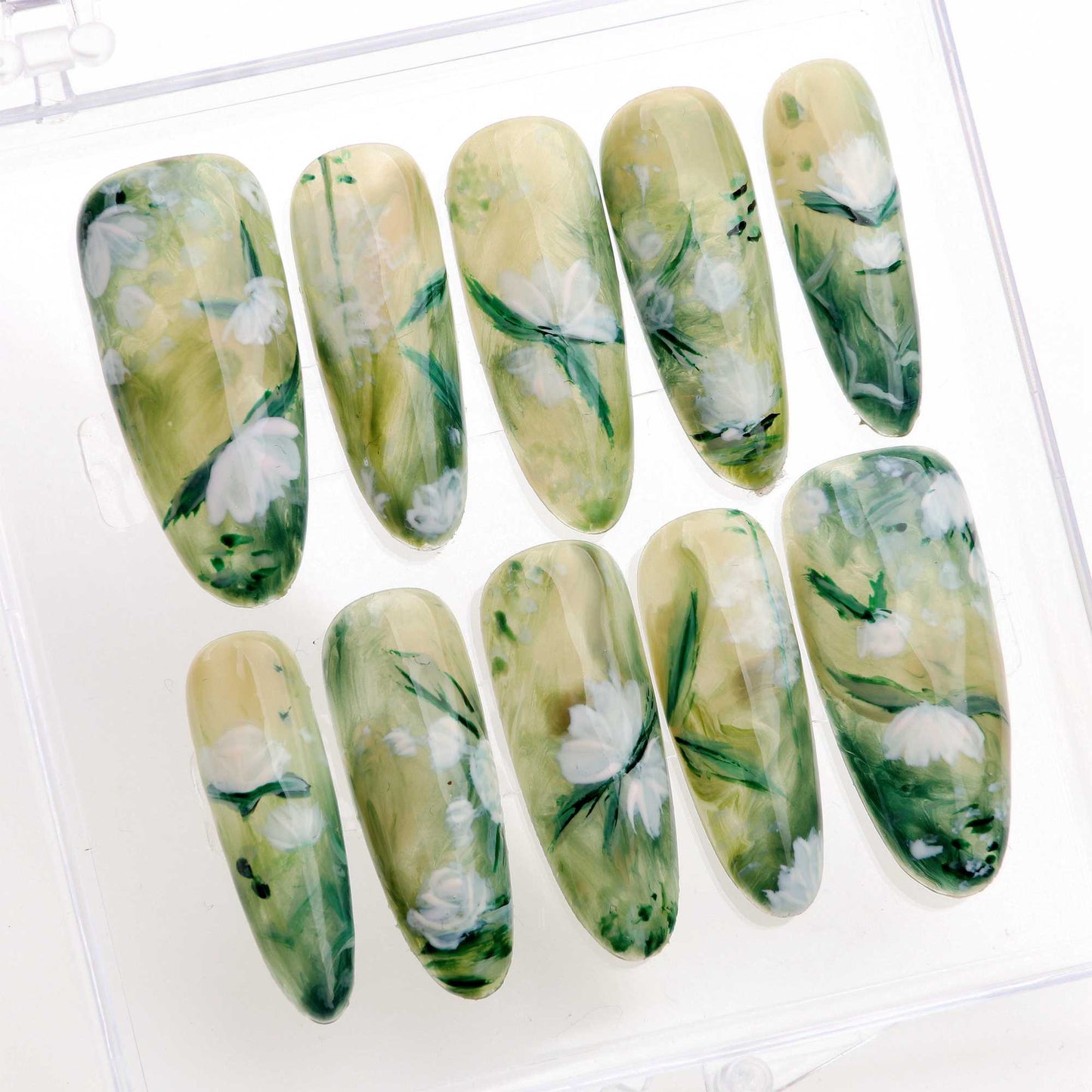 10Pcs 3D Pretty Almond handmade press on Nails Handpainted Wearing Acrylic Fake Manicure y2k Design with Adhesive Nail File Set