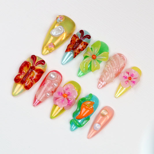 10Pcs 3D Floral Press On Nails,Tropical Flower Medium Stiletto Colorful Summer Nail Art,Handmade Spring Luxury Fake Nails Art