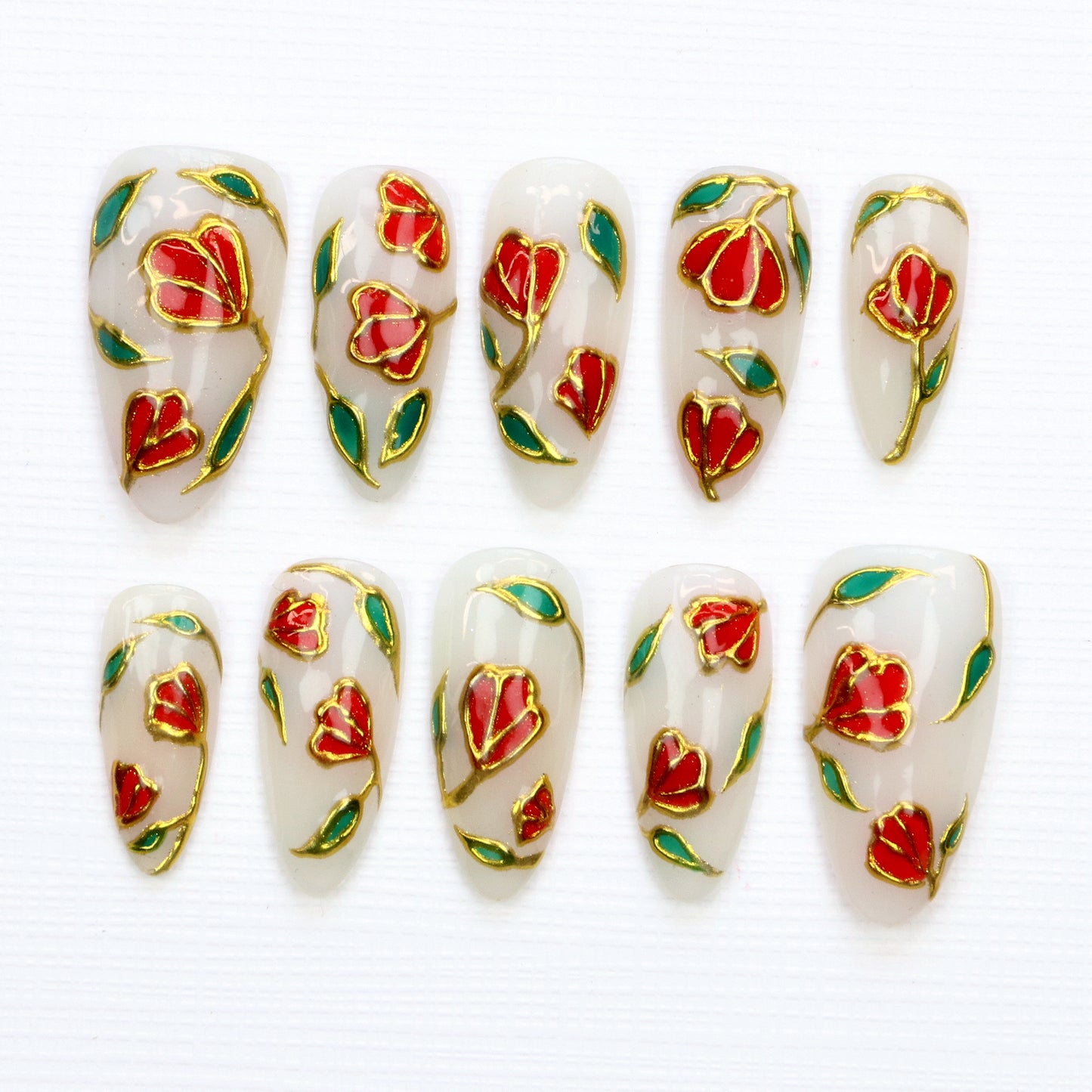 10Pcs Luxury Stained Glass Press On Nails,Regal Stained Glass Tulips Flowers Rose Fake Elegant Gold Shimmer & Red Green Nail Art