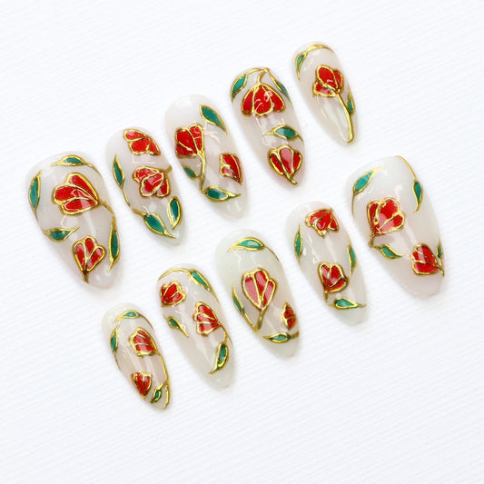 10Pcs Luxury Stained Glass Press On Nails,Regal Stained Glass Tulips Flowers Rose Fake Elegant Gold Shimmer & Red Green Nail Art