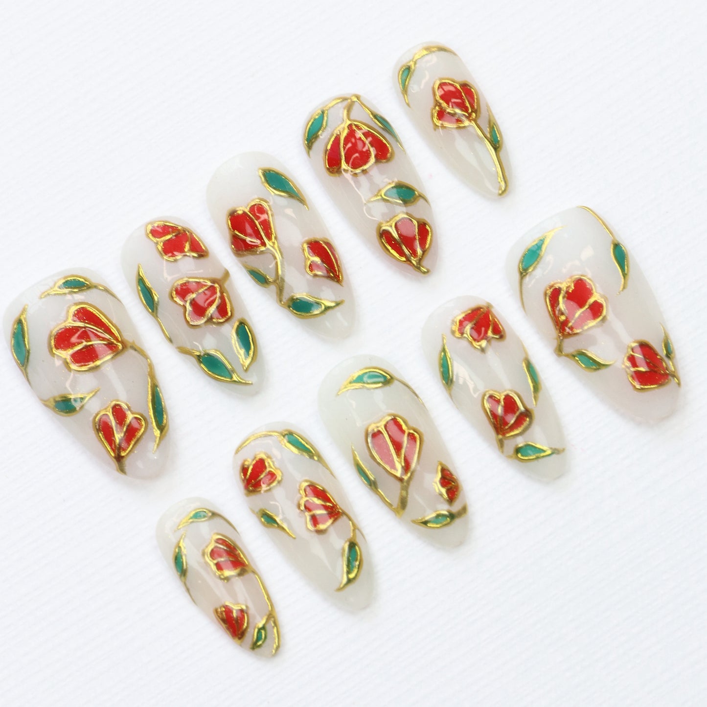 10Pcs Luxury Stained Glass Press On Nails,Regal Stained Glass Tulips Flowers Rose Fake Elegant Gold Shimmer & Red Green Nail Art