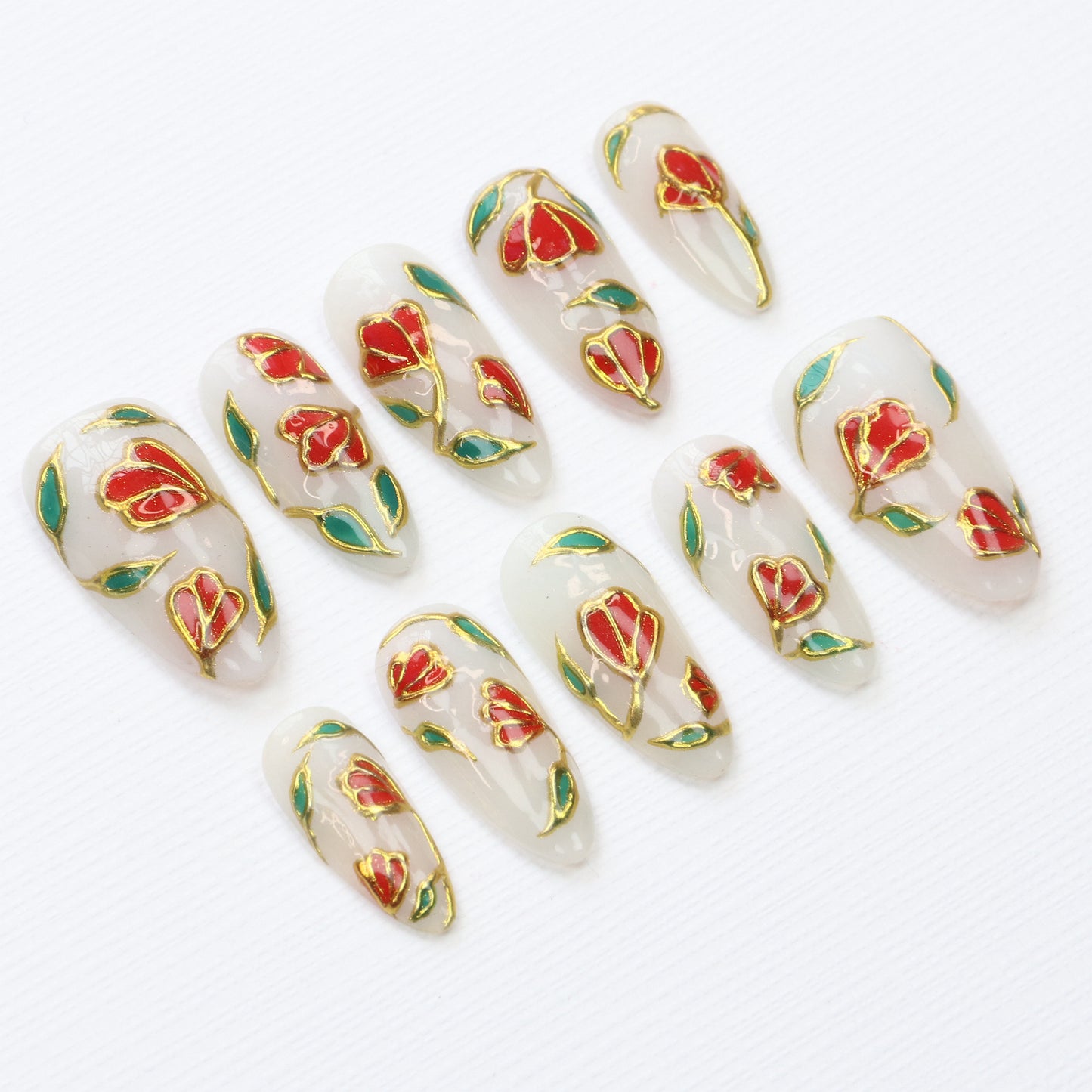 10Pcs Luxury Stained Glass Press On Nails,Regal Stained Glass Tulips Flowers Rose Fake Elegant Gold Shimmer & Red Green Nail Art