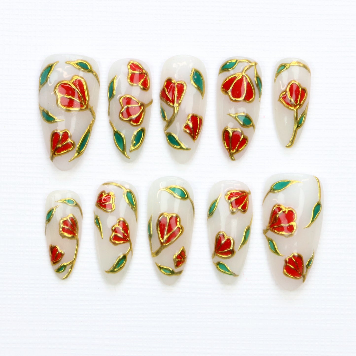 10Pcs Luxury Stained Glass Press On Nails,Regal Stained Glass Tulips Flowers Rose Fake Elegant Gold Shimmer & Red Green Nail Art