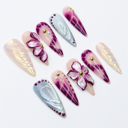 10Pcs Legant 3D Floral Long Stiletto Press On Nails,Glossy Custom Handpainted Purple Flower Nails Suitable for Wedding Events