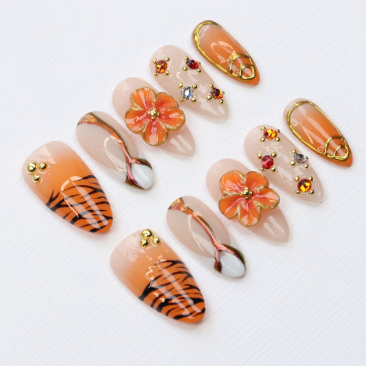 10Pcs Y2K Gift Orange 3D Floral Press On Nails,Custom Handpainted Summer-Inspired Gold Details zebra-stripe Japanese Fake Nail