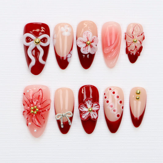 10Pcs Legant Floral Press On Nails,White Bow Almond Red Flower Custom Handpainted Summer Suitable for Wedding Events Nails