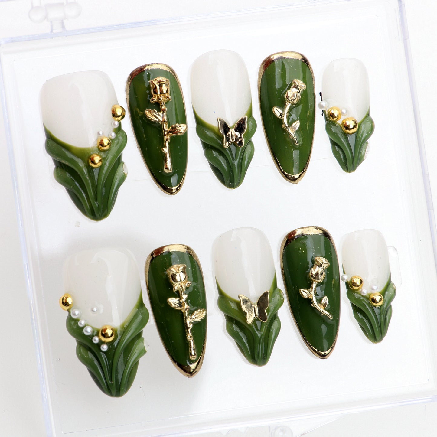 10Pcs Retro style 3D Custom Handmad Almond Manicure for Birthday Event Party Holiday Press On Nail Design with Adhesive File Set