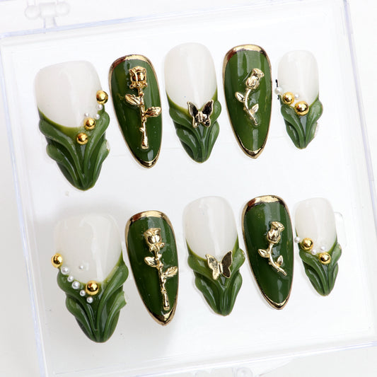 10Pcs Retro style 3D Custom Handmad Almond Manicure for Birthday Event Party Holiday Press On Nail Design with Adhesive File Set