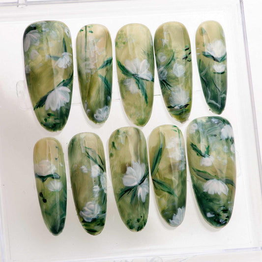 10Pcs 3D Pretty Almond handmade press on Nails Handpainted Wearing Acrylic Fake Manicure y2k Design with Adhesive Nail File Set