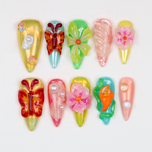 10Pcs 3D Floral Press On Nails,Tropical Flower Medium Stiletto Colorful Summer Nail Art,Handmade Spring Luxury Fake Nails Art