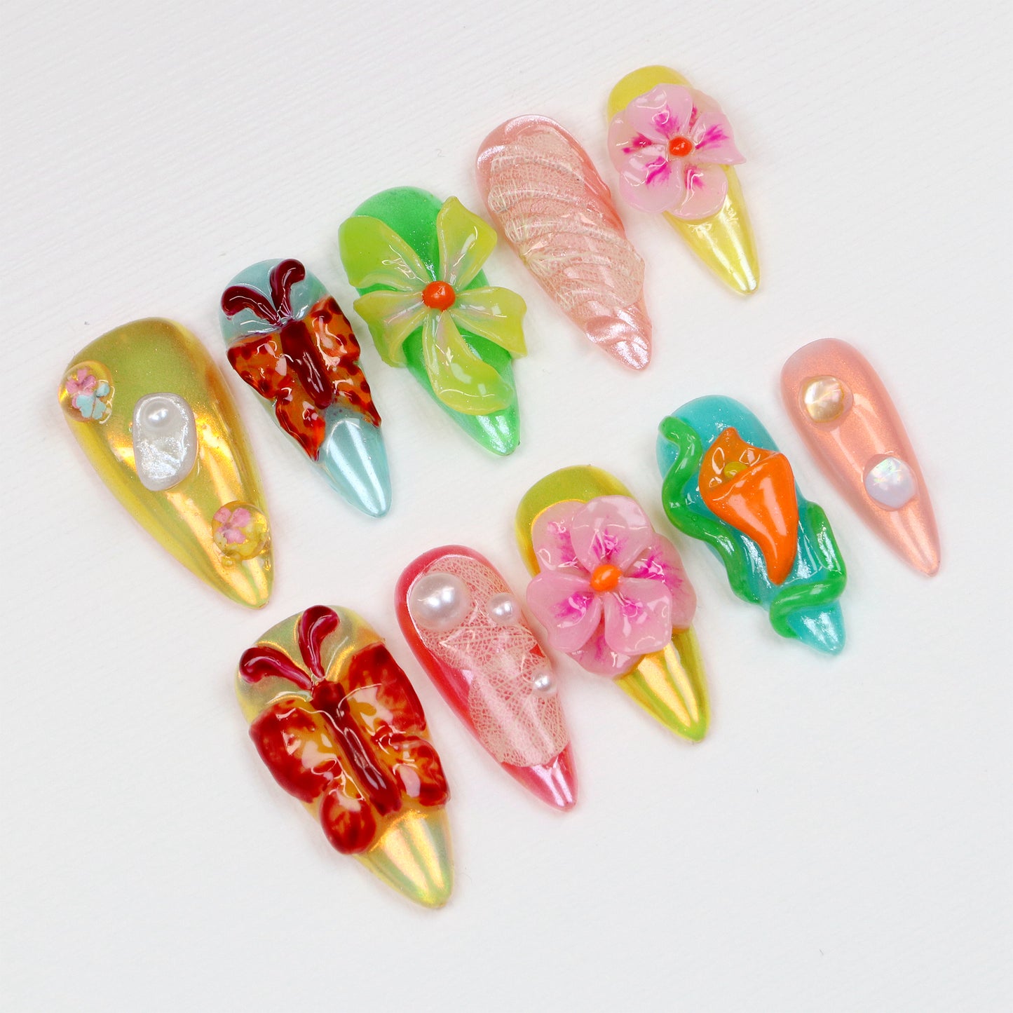 10Pcs 3D Floral Press On Nails,Tropical Flower Medium Stiletto Colorful Summer Nail Art,Handmade Spring Luxury Fake Nails Art