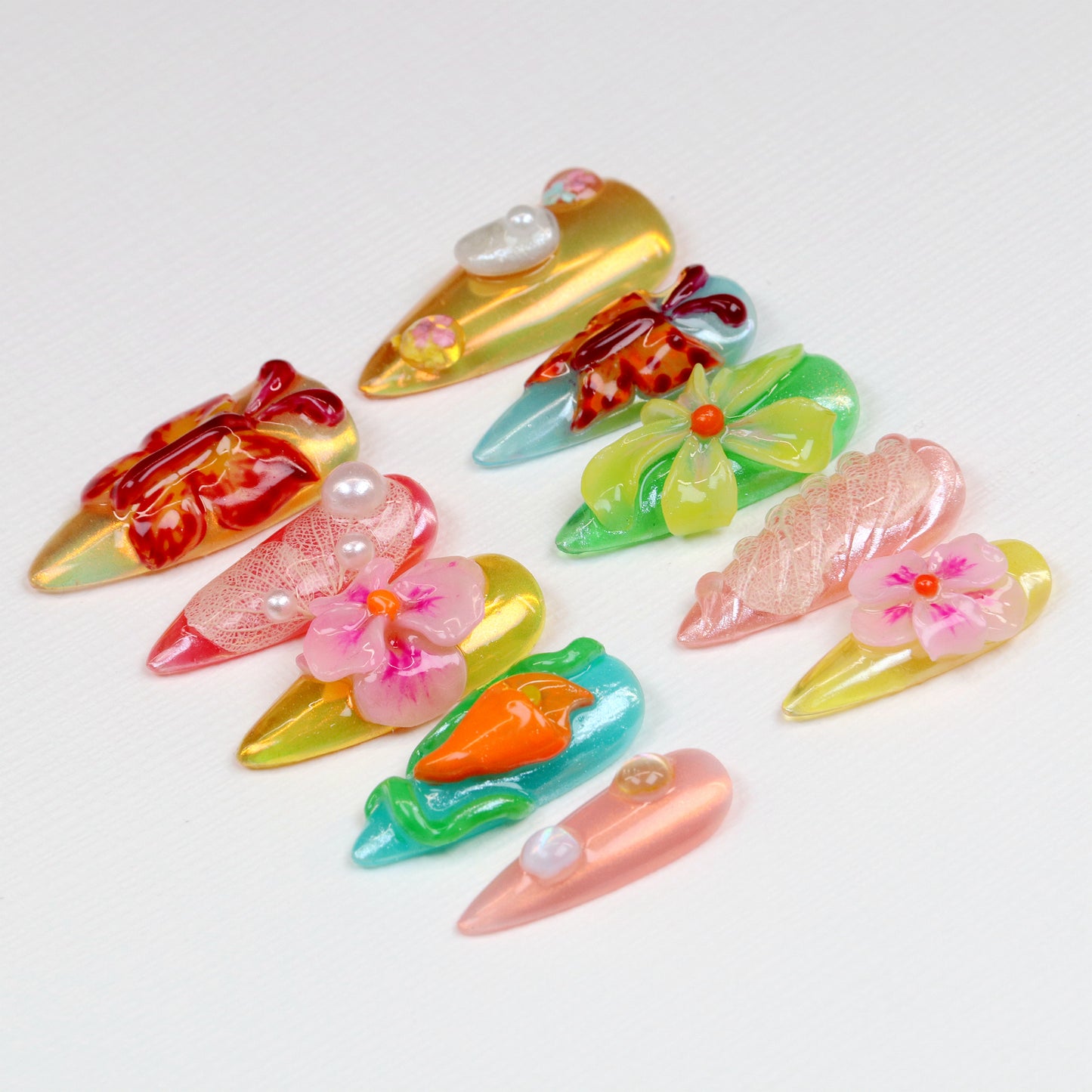 10Pcs 3D Floral Press On Nails,Tropical Flower Medium Stiletto Colorful Summer Nail Art,Handmade Spring Luxury Fake Nails Art
