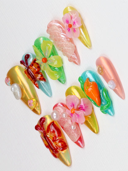 10Pcs 3D Floral Press On Nails,Tropical Flower Medium Stiletto Colorful Summer Nail Art,Handmade Spring Luxury Fake Nails Art