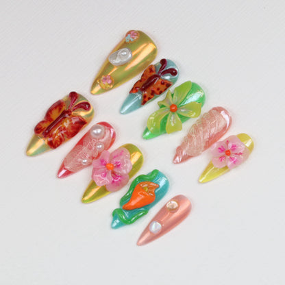 10Pcs 3D Floral Press On Nails,Tropical Flower Medium Stiletto Colorful Summer Nail Art,Handmade Spring Luxury Fake Nails Art