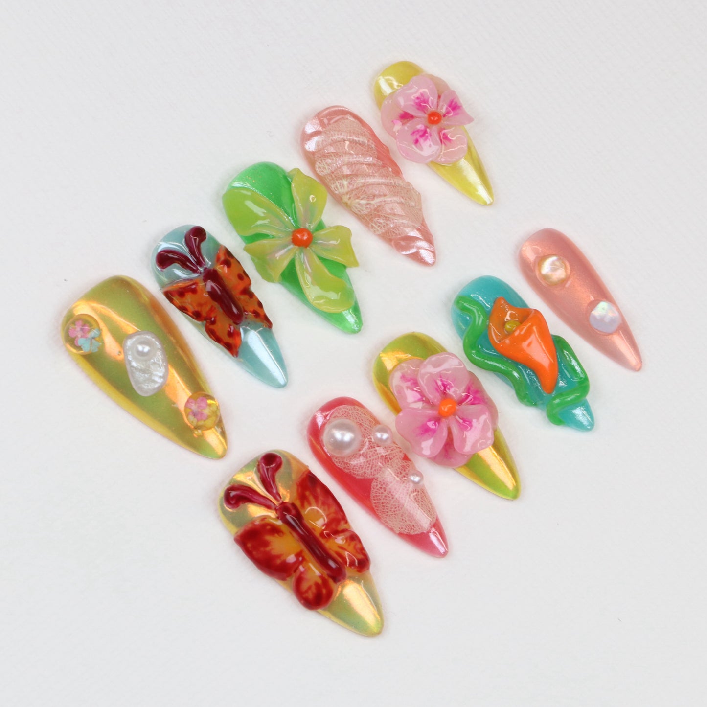 10Pcs 3D Floral Press On Nails,Tropical Flower Medium Stiletto Colorful Summer Nail Art,Handmade Spring Luxury Fake Nails Art