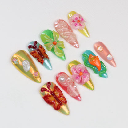 10Pcs 3D Floral Press On Nails,Tropical Flower Medium Stiletto Colorful Summer Nail Art,Handmade Spring Luxury Fake Nails Art