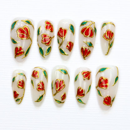 10Pcs Luxury Stained Glass Press On Nails,Regal Stained Glass Tulips Flowers Rose Fake Elegant Gold Shimmer & Red Green Nail Art