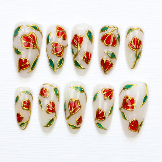 10Pcs Luxury Stained Glass Press On Nails,Regal Stained Glass Tulips Flowers Rose Fake Elegant Gold Shimmer & Red Green Nail Art