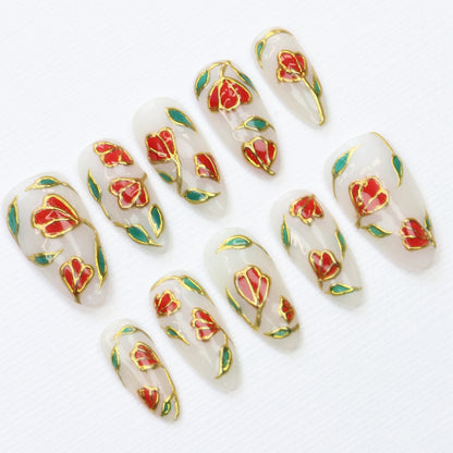 10Pcs Luxury Stained Glass Press On Nails,Regal Stained Glass Tulips Flowers Rose Fake Elegant Gold Shimmer & Red Green Nail Art