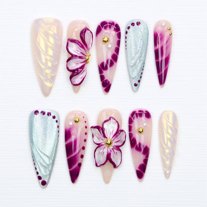 10Pcs Legant 3D Floral Long Stiletto Press On Nails,Glossy Custom Handpainted Purple Flower Nails Suitable for Wedding Events