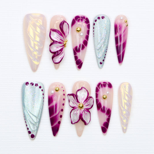 10Pcs Legant 3D Floral Long Stiletto Press On Nails,Glossy Custom Handpainted Purple Flower Nails Suitable for Wedding Events