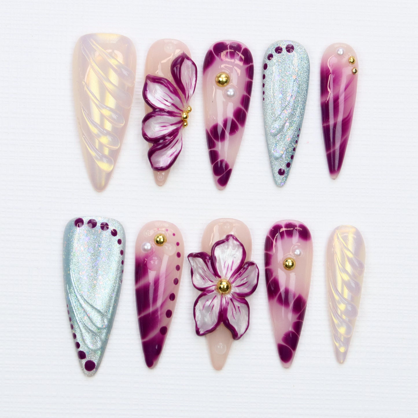 10Pcs Legant 3D Floral Long Stiletto Press On Nails,Glossy Custom Handpainted Purple Flower Nails Suitable for Wedding Events