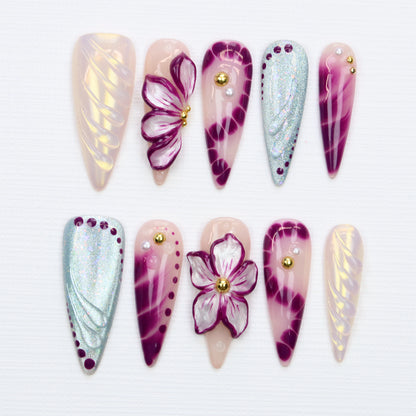 10Pcs Legant 3D Floral Long Stiletto Press On Nails,Glossy Custom Handpainted Purple Flower Nails Suitable for Wedding Events