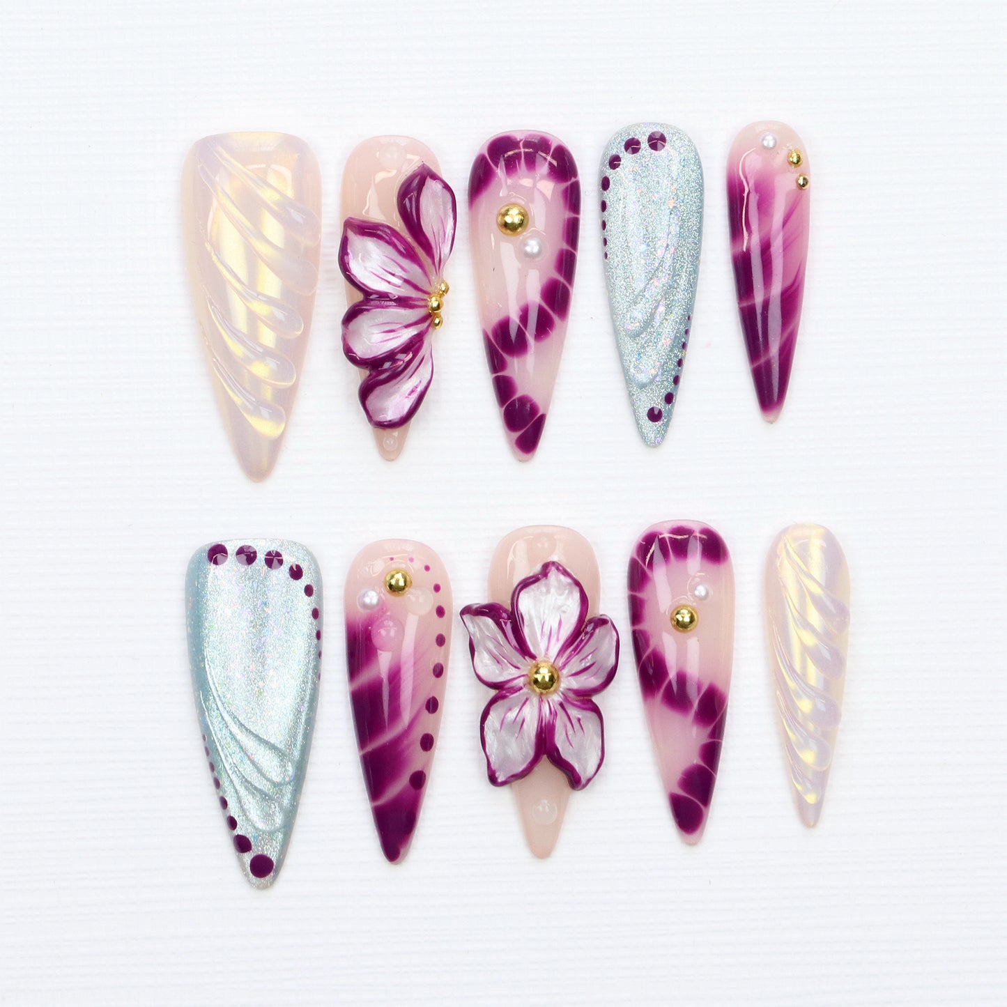 10Pcs Legant 3D Floral Long Stiletto Press On Nails,Glossy Custom Handpainted Purple Flower Nails Suitable for Wedding Events
