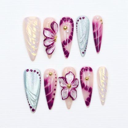 10Pcs Legant 3D Floral Long Stiletto Press On Nails,Glossy Custom Handpainted Purple Flower Nails Suitable for Wedding Events