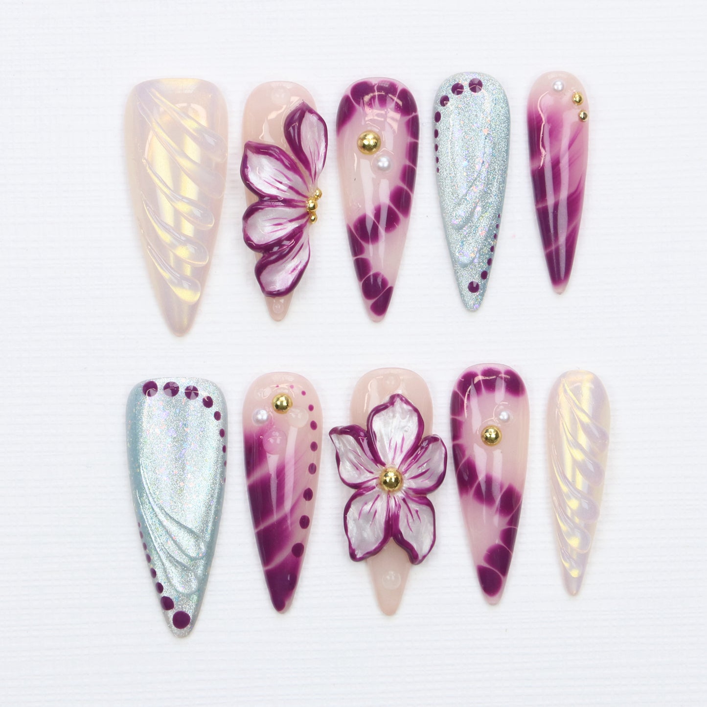 10Pcs Legant 3D Floral Long Stiletto Press On Nails,Glossy Custom Handpainted Purple Flower Nails Suitable for Wedding Events
