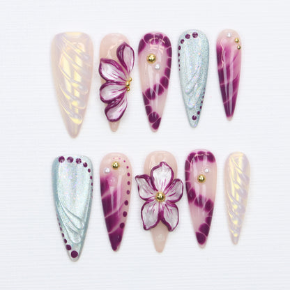 10Pcs Legant 3D Floral Long Stiletto Press On Nails,Glossy Custom Handpainted Purple Flower Nails Suitable for Wedding Events