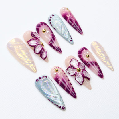 10Pcs Legant 3D Floral Long Stiletto Press On Nails,Glossy Custom Handpainted Purple Flower Nails Suitable for Wedding Events