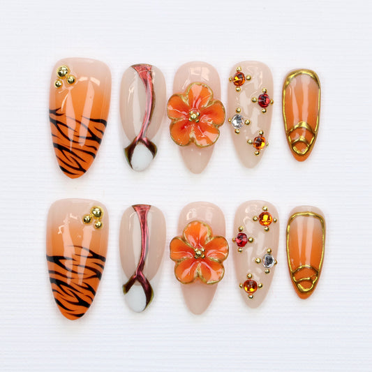10Pcs Y2K Gift Orange 3D Floral Press On Nails,Custom Handpainted Summer-Inspired Gold Details zebra-stripe Japanese Fake Nail