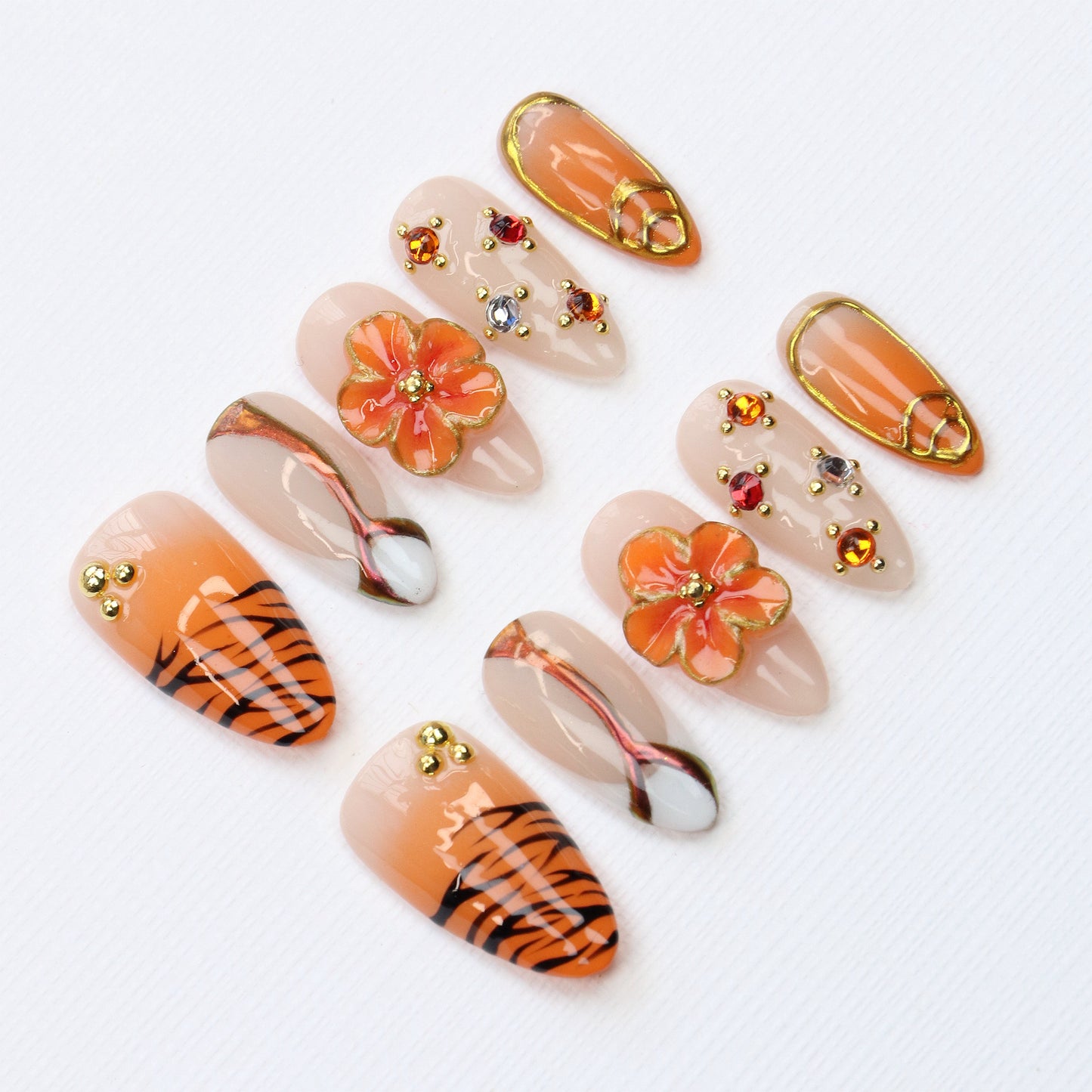 10Pcs Y2K Gift Orange 3D Floral Press On Nails,Custom Handpainted Summer-Inspired Gold Details zebra-stripe Japanese Fake Nail