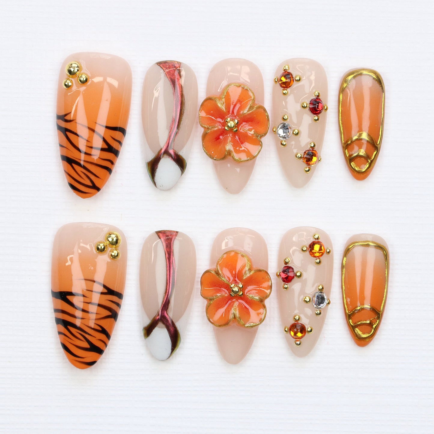 10Pcs Y2K Gift Orange 3D Floral Press On Nails,Custom Handpainted Summer-Inspired Gold Details zebra-stripe Japanese Fake Nail