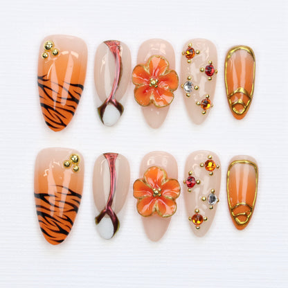 10Pcs Y2K Gift Orange 3D Floral Press On Nails,Custom Handpainted Summer-Inspired Gold Details zebra-stripe Japanese Fake Nail