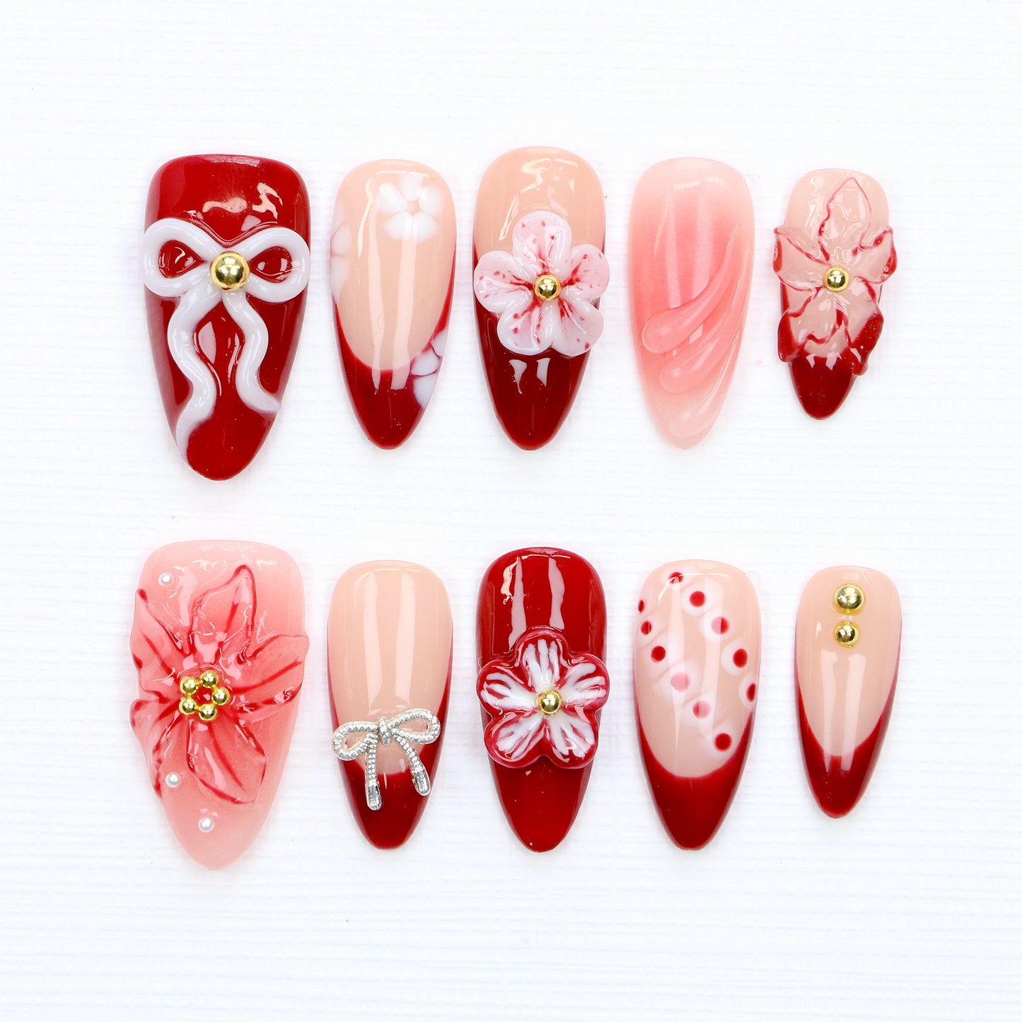 10Pcs Legant Floral Press On Nails,White Bow Almond Red Flower Custom Handpainted Summer Suitable for Wedding Events Nails
