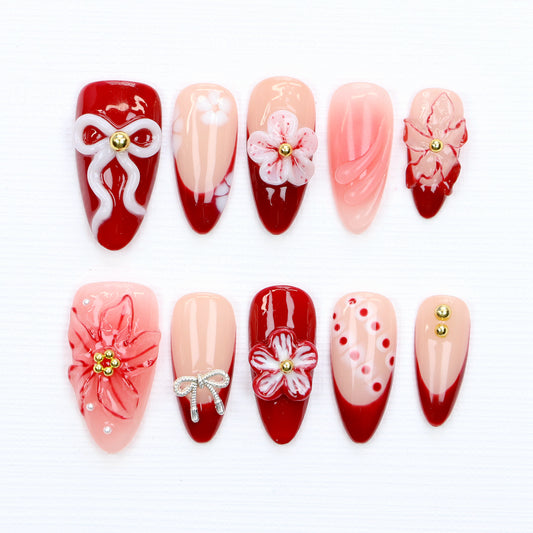 10Pcs Legant Floral Press On Nails,White Bow Almond Red Flower Custom Handpainted Summer Suitable for Wedding Events Nails