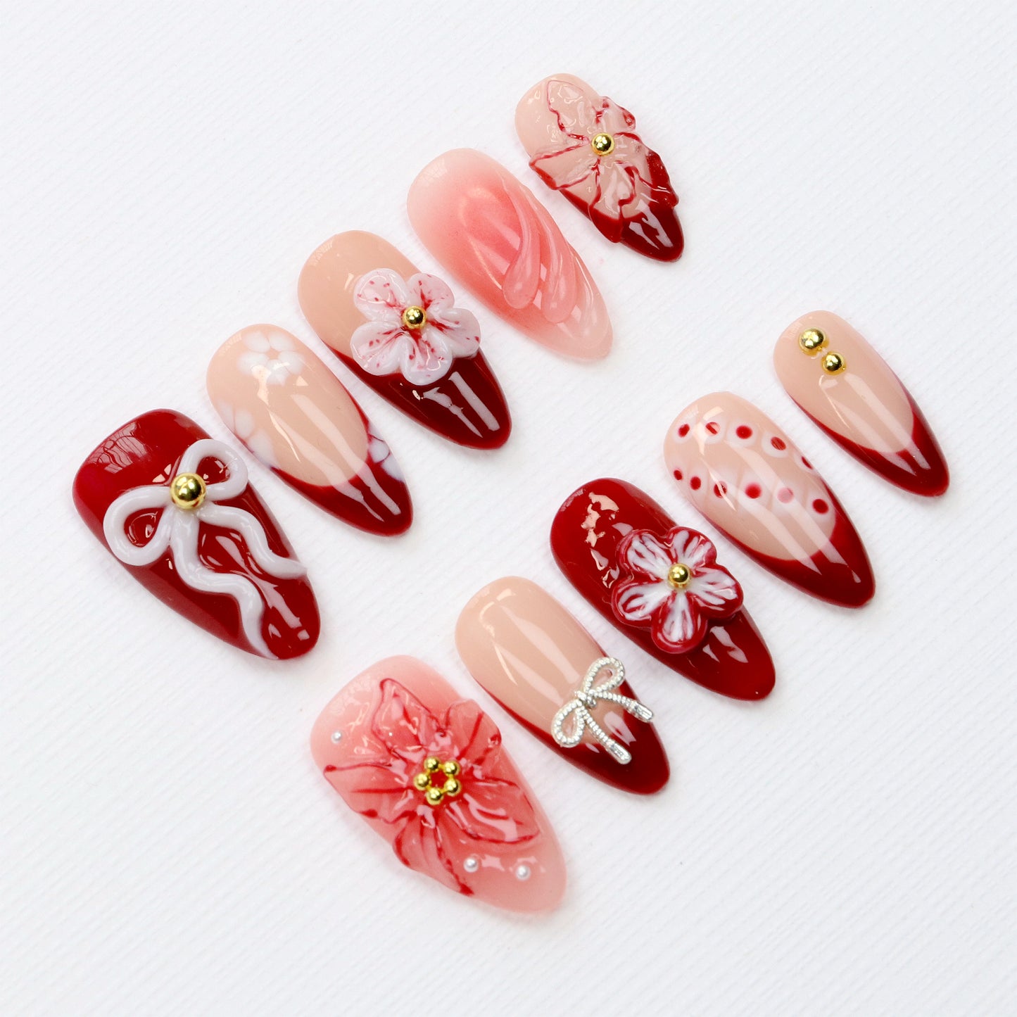 10Pcs Legant Floral Press On Nails,White Bow Almond Red Flower Custom Handpainted Summer Suitable for Wedding Events Nails