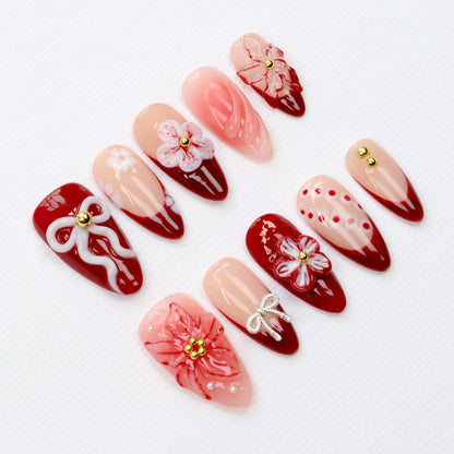 10Pcs Legant Floral Press On Nails,White Bow Almond Red Flower Custom Handpainted Summer Suitable for Wedding Events Nails