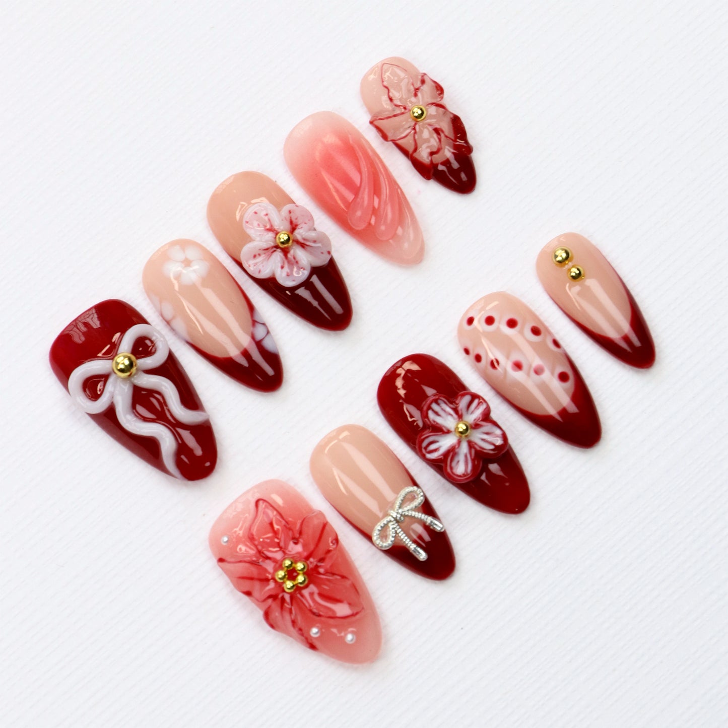 10Pcs Legant Floral Press On Nails,White Bow Almond Red Flower Custom Handpainted Summer Suitable for Wedding Events Nails