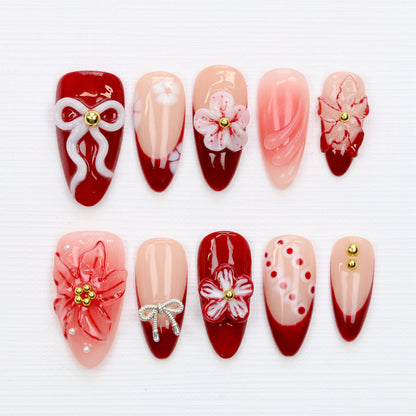10Pcs Legant Floral Press On Nails,White Bow Almond Red Flower Custom Handpainted Summer Suitable for Wedding Events Nails