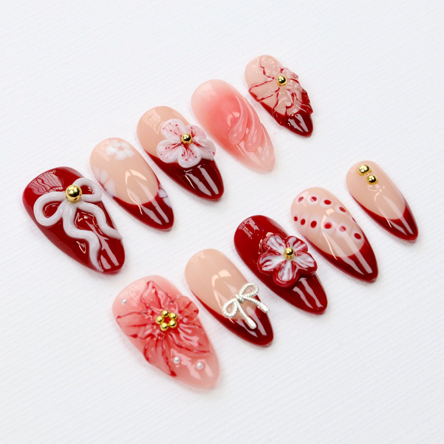 10Pcs Legant Floral Press On Nails,White Bow Almond Red Flower Custom Handpainted Summer Suitable for Wedding Events Nails