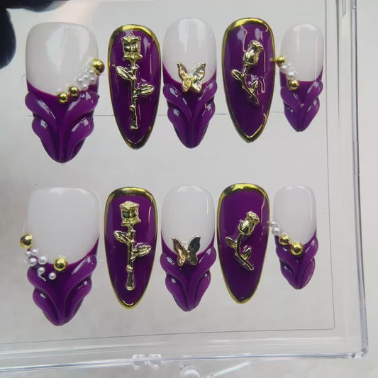 10Pcs Retro style 3D Custom Handmad Almond Manicure for Birthday Event Party Holiday Press On Nail Design with Adhesive File Set