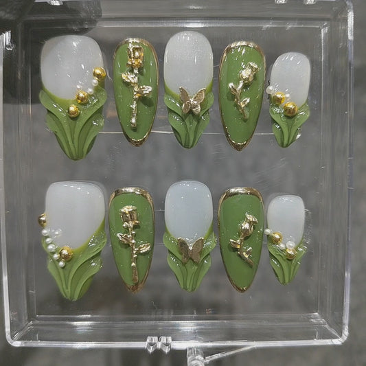 10Pcs Retro style 3D Custom Handmad Almond Manicure for Birthday Event Party Holiday Press On Nail Design with Adhesive File Set